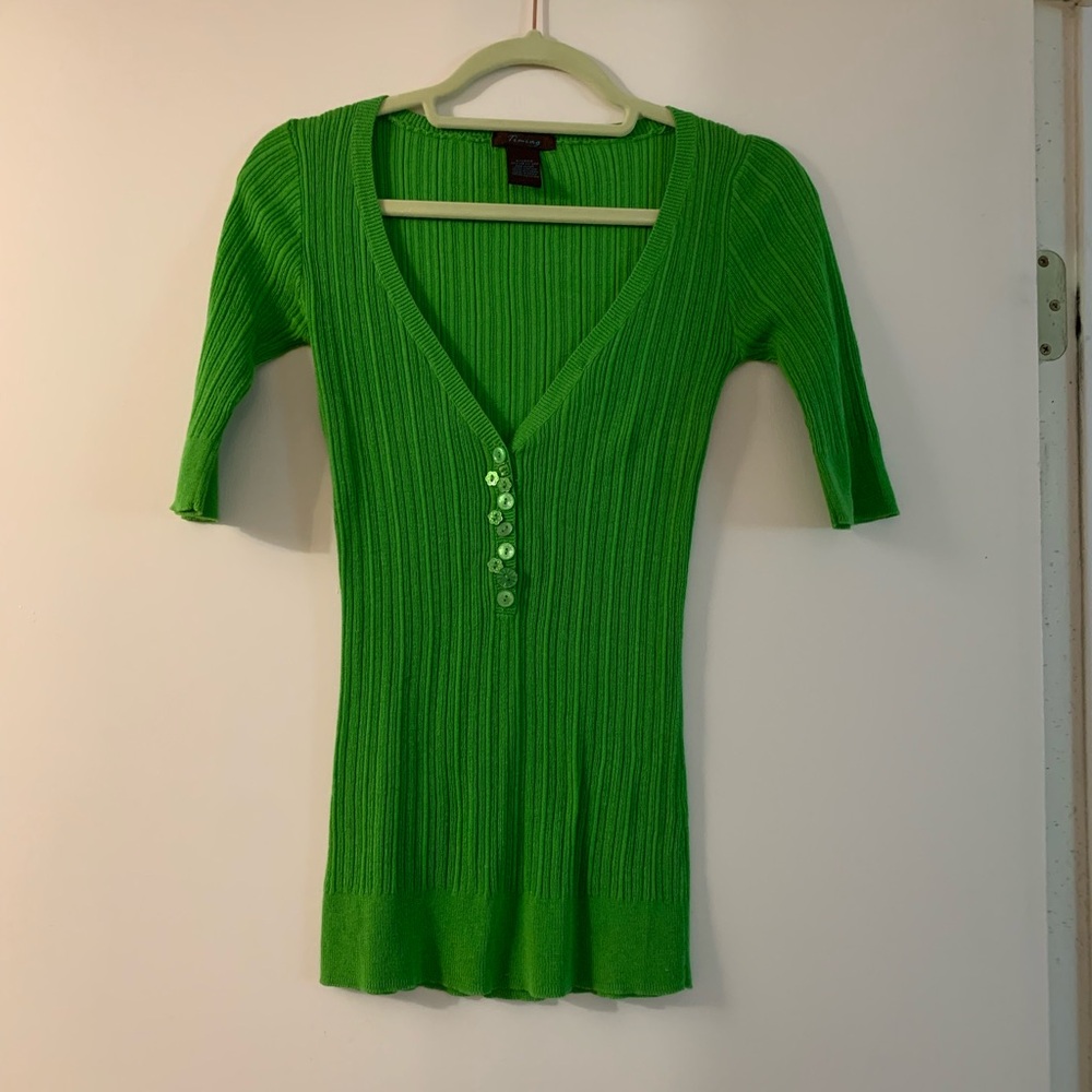 Green Ribbed V-Neck Top